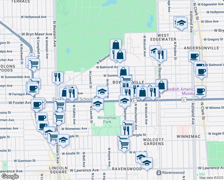 map of restaurants, bars, coffee shops, grocery stores, and more near 2037 West Berwyn Avenue in Chicago