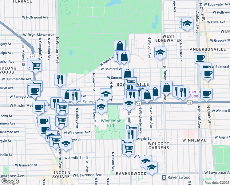 map of restaurants, bars, coffee shops, grocery stores, and more near 2037 West Berwyn Avenue in Chicago