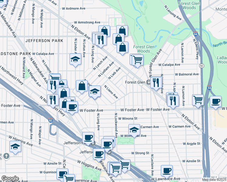 map of restaurants, bars, coffee shops, grocery stores, and more near 5244 North Larned Avenue in Chicago