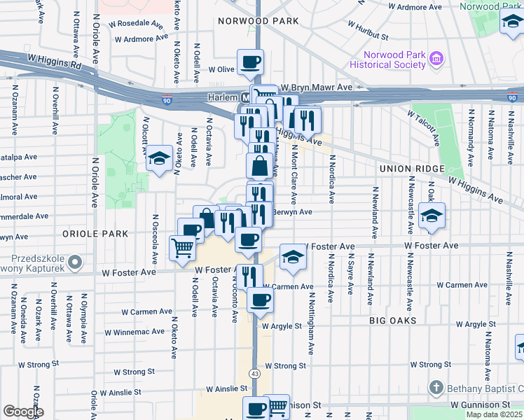 map of restaurants, bars, coffee shops, grocery stores, and more near 5305 North Harlem Avenue in Chicago