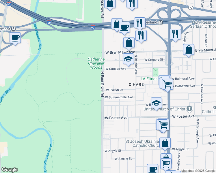 map of restaurants, bars, coffee shops, grocery stores, and more near 5357 North East River Road in Chicago