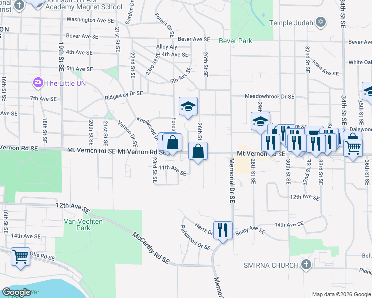 map of restaurants, bars, coffee shops, grocery stores, and more near 719 25th Street Southeast in Cedar Rapids