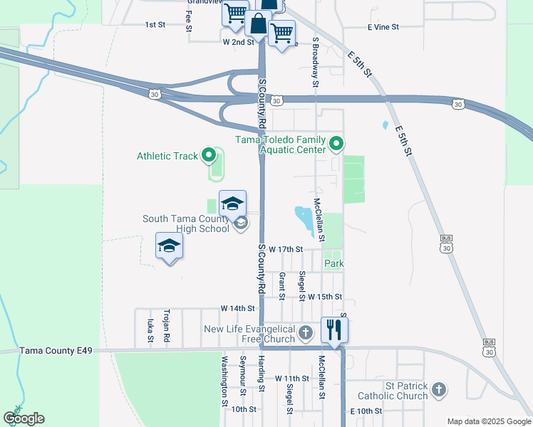 map of restaurants, bars, coffee shops, grocery stores, and more near 1712 Harding Street in Tama