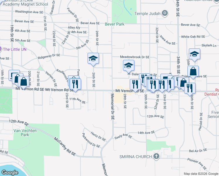 map of restaurants, bars, coffee shops, grocery stores, and more near 710 Grant Wood Drive Southeast in Cedar Rapids