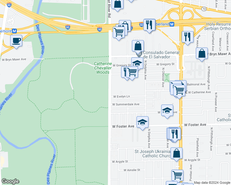 map of restaurants, bars, coffee shops, grocery stores, and more near 5357 NE River Rd in Chicago