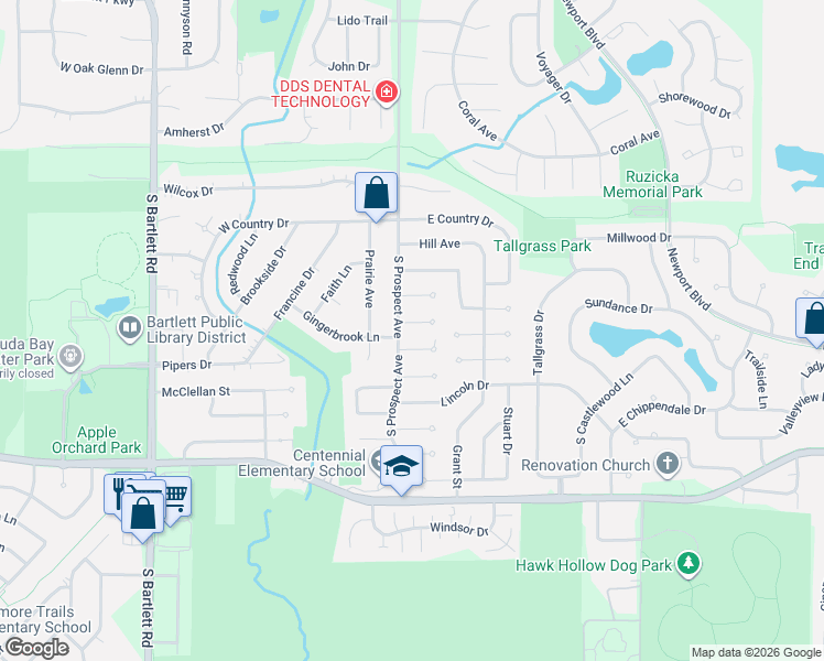 map of restaurants, bars, coffee shops, grocery stores, and more near 255 Hood Court in Bartlett