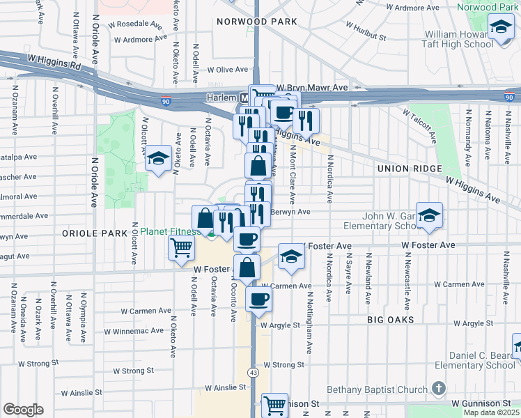 map of restaurants, bars, coffee shops, grocery stores, and more near 5305 North Harlem Avenue in Chicago