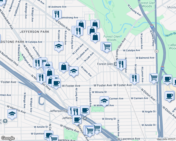 map of restaurants, bars, coffee shops, grocery stores, and more near 5244 North Larned Avenue in Chicago