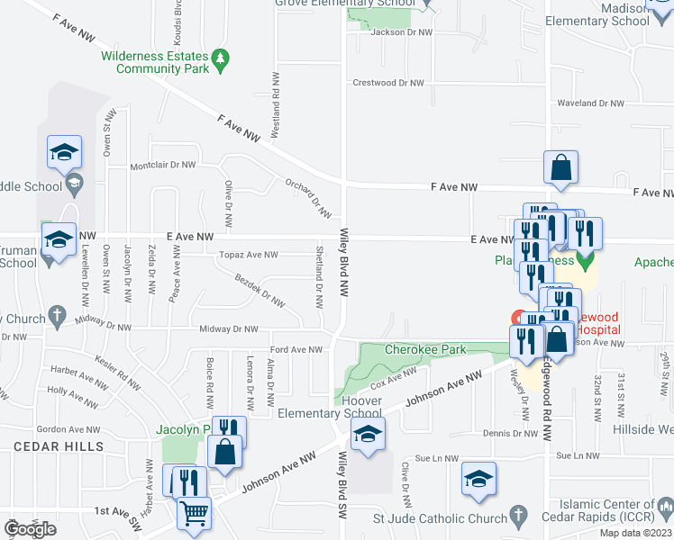 map of restaurants, bars, coffee shops, grocery stores, and more near 440 Wiley Boulevard Northwest in Cedar Rapids