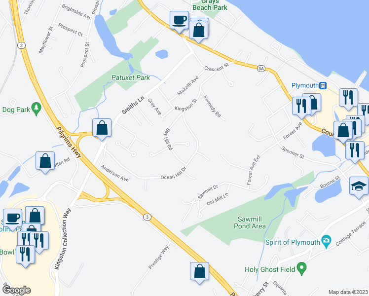 map of restaurants, bars, coffee shops, grocery stores, and more near 7 Longview Drive in Kingston
