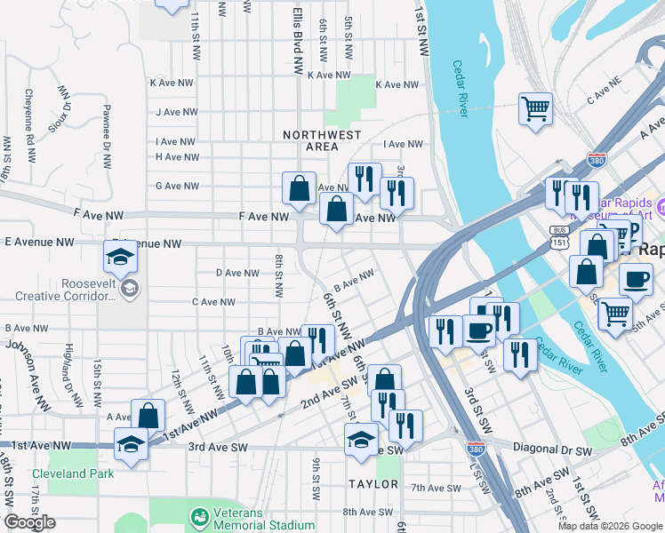 map of restaurants, bars, coffee shops, grocery stores, and more near 511 C Avenue Northwest in Cedar Rapids