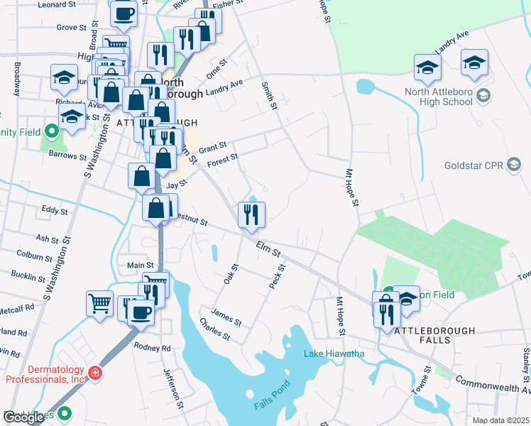 map of restaurants, bars, coffee shops, grocery stores, and more near 31 Poppasquash Road in North Attleborough