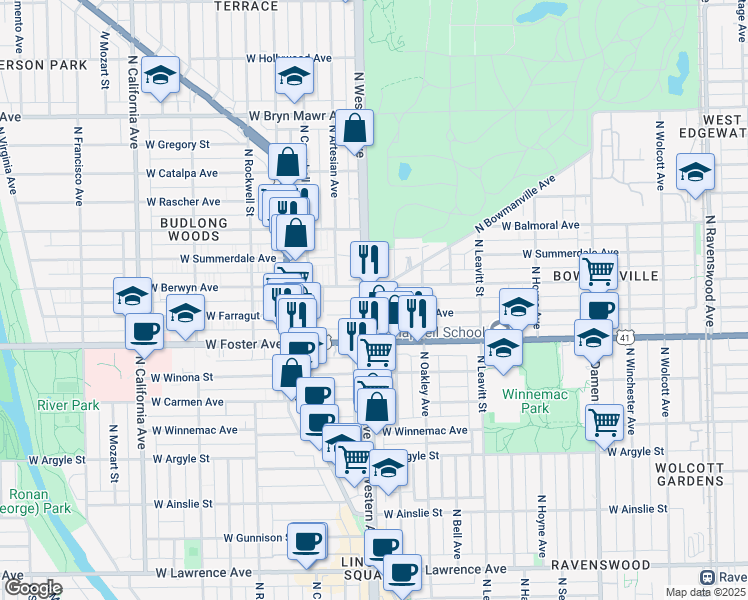 map of restaurants, bars, coffee shops, grocery stores, and more near 2345 West Berwyn Avenue in Chicago