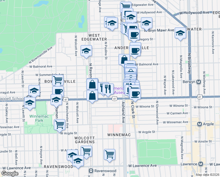 map of restaurants, bars, coffee shops, grocery stores, and more near 1648 West Farragut Avenue in Chicago