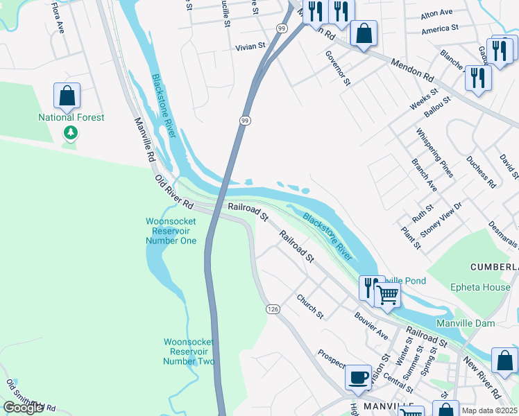 map of restaurants, bars, coffee shops, grocery stores, and more near 289 Railroad Street in Lincoln