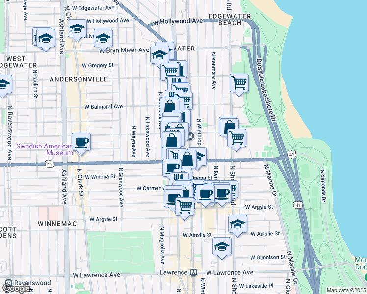 map of restaurants, bars, coffee shops, grocery stores, and more near 5227 North Broadway in Chicago