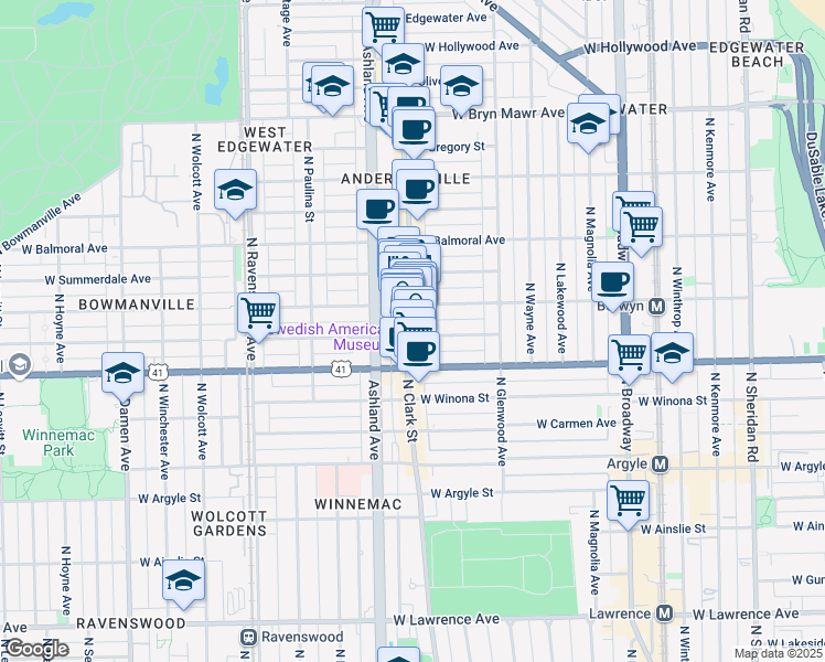 map of restaurants, bars, coffee shops, grocery stores, and more near 1470 West Farragut Avenue in Chicago