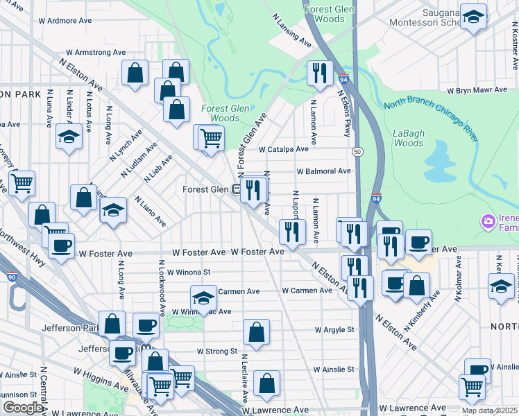 map of restaurants, bars, coffee shops, grocery stores, and more near 5275 North Forest Glen Avenue in Chicago