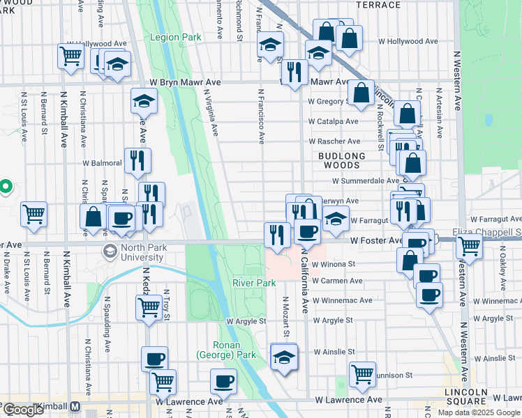 map of restaurants, bars, coffee shops, grocery stores, and more near 2903 West Berwyn Avenue in Chicago