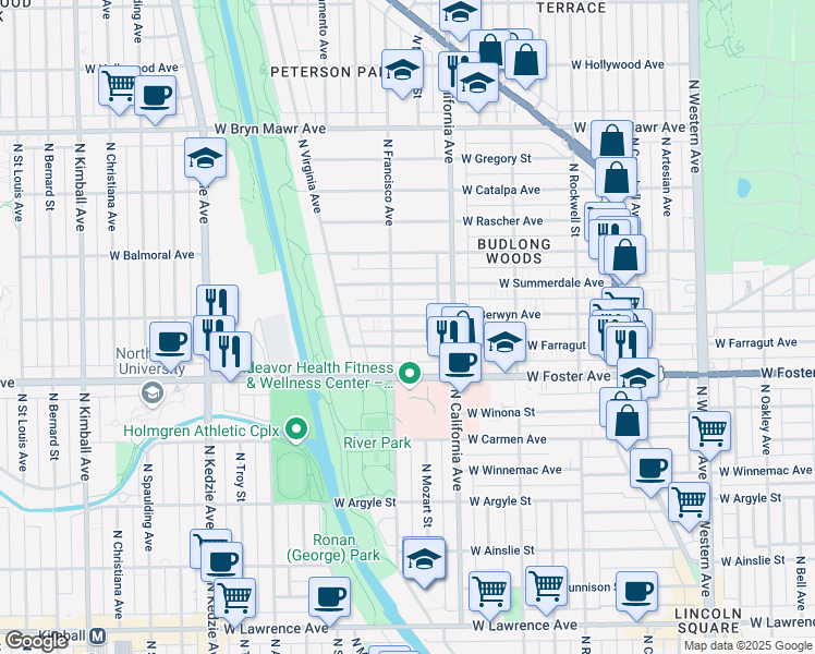 map of restaurants, bars, coffee shops, grocery stores, and more near 2833 West Berwyn Avenue in Chicago