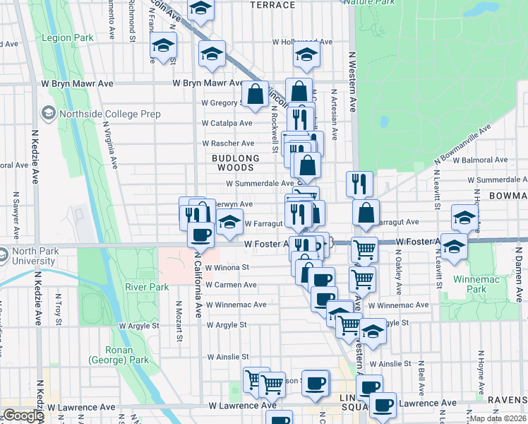 map of restaurants, bars, coffee shops, grocery stores, and more near 2605 West Berwyn Avenue in Chicago