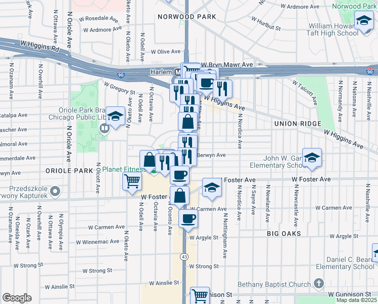 map of restaurants, bars, coffee shops, grocery stores, and more near 5305 North Harlem Avenue in Chicago