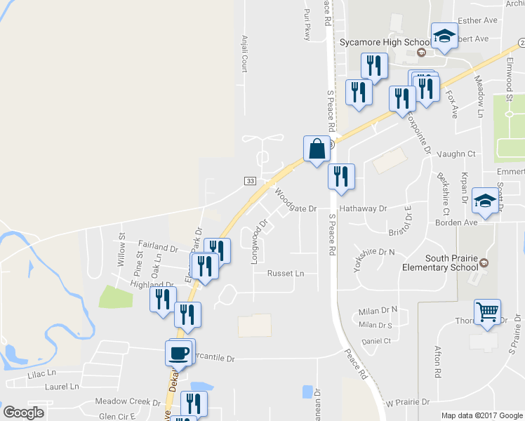 map of restaurants, bars, coffee shops, grocery stores, and more near 1808 Kennicott Court in Sycamore