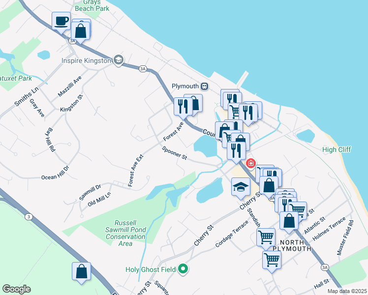 map of restaurants, bars, coffee shops, grocery stores, and more near 22 Forest Avenue Court in Plymouth