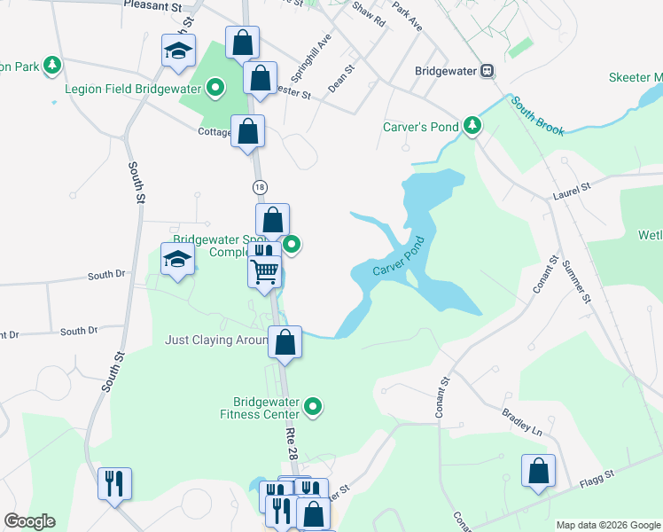 map of restaurants, bars, coffee shops, grocery stores, and more near 33 Main Street in Bridgewater