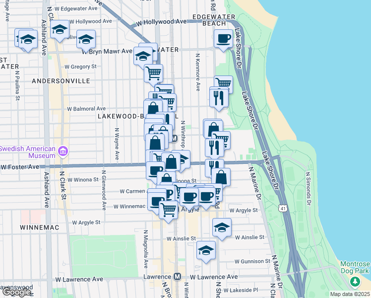 map of restaurants, bars, coffee shops, grocery stores, and more near 5236 North Kenmore Avenue in Chicago