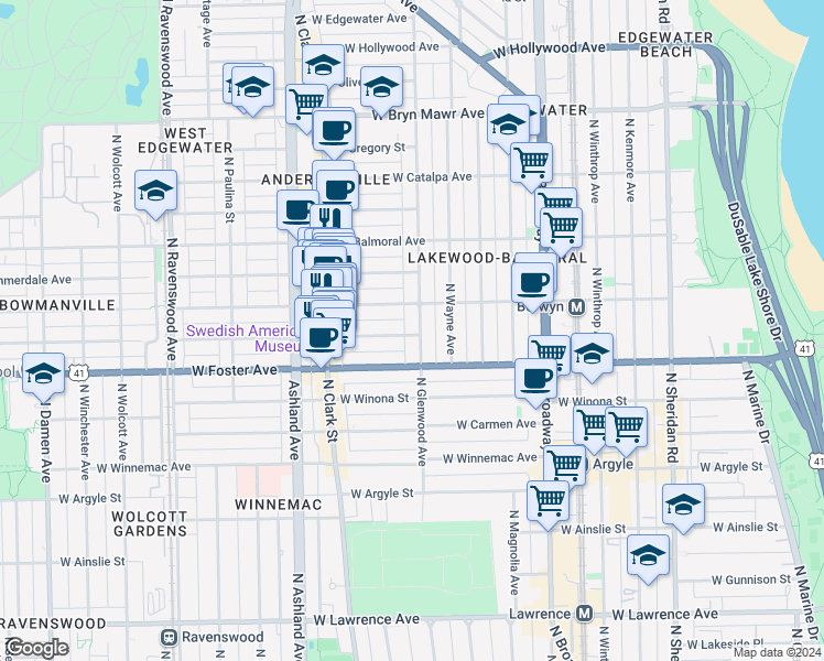 map of restaurants, bars, coffee shops, grocery stores, and more near 5241 North Glenwood Avenue in Chicago