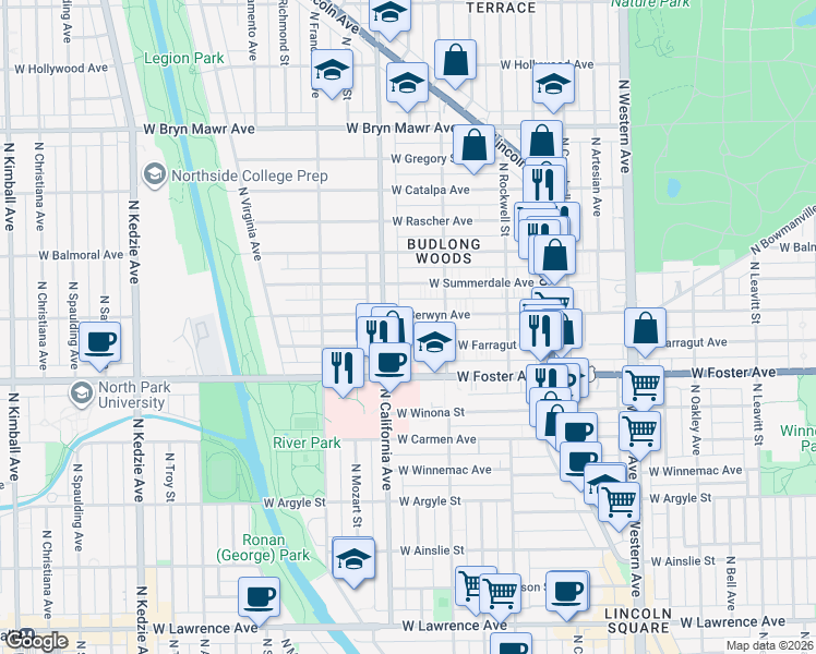 map of restaurants, bars, coffee shops, grocery stores, and more near 2723 West Berwyn Avenue in Chicago