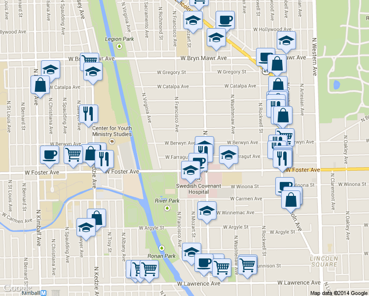map of restaurants, bars, coffee shops, grocery stores, and more near 2833 West Berwyn Avenue in Chicago