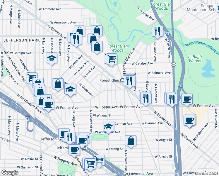 map of restaurants, bars, coffee shops, grocery stores, and more near 5315 North Laramie Avenue in Chicago