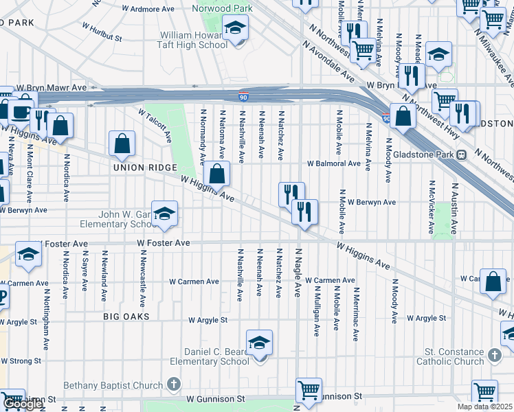 map of restaurants, bars, coffee shops, grocery stores, and more near 6506 West Higgins Avenue in Chicago