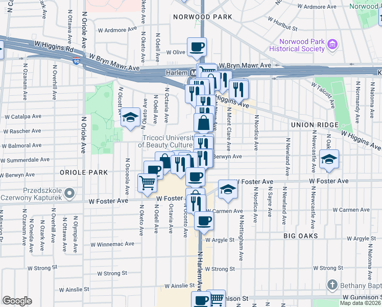 map of restaurants, bars, coffee shops, grocery stores, and more near 7243 West Summerdale Avenue in Chicago