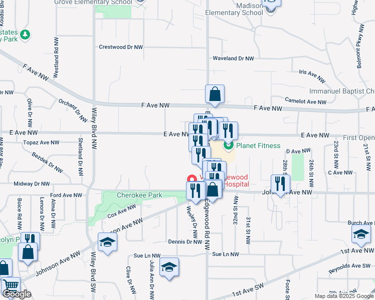 map of restaurants, bars, coffee shops, grocery stores, and more near 3513 E Avenue Northwest in Cedar Rapids