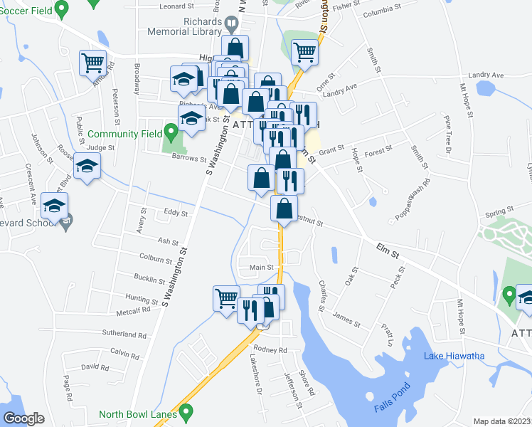 map of restaurants, bars, coffee shops, grocery stores, and more near 83 Chestnut Street in North Attleborough