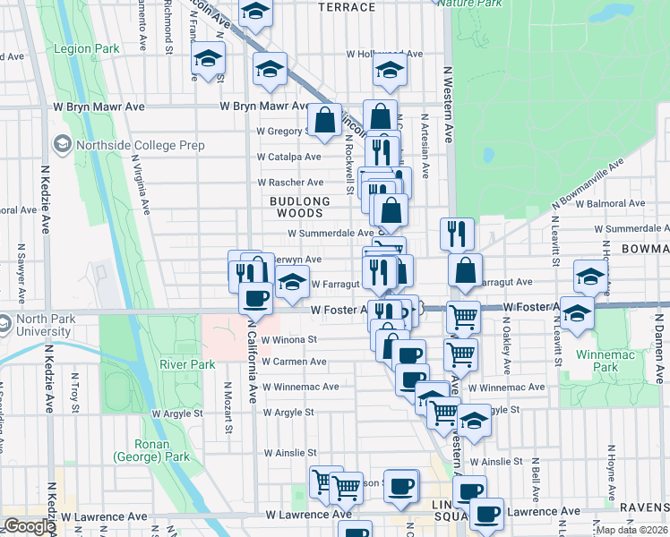 map of restaurants, bars, coffee shops, grocery stores, and more near 2617 West Berwyn Avenue in Chicago