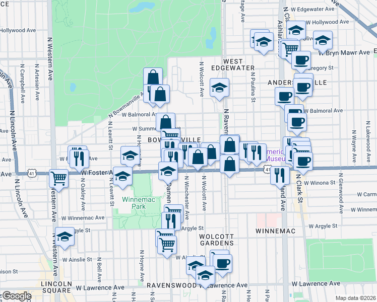map of restaurants, bars, coffee shops, grocery stores, and more near 5243 North Winchester Avenue in Chicago