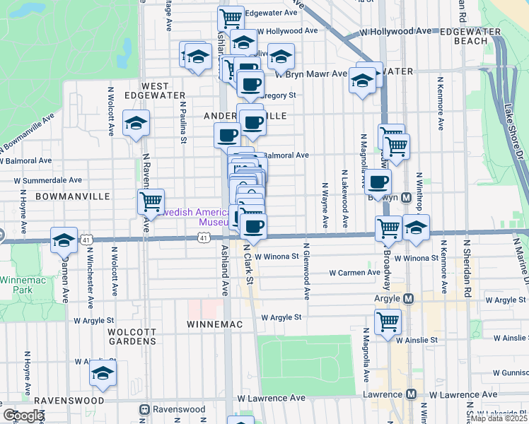 map of restaurants, bars, coffee shops, grocery stores, and more near 1462 West Farragut Avenue in Chicago