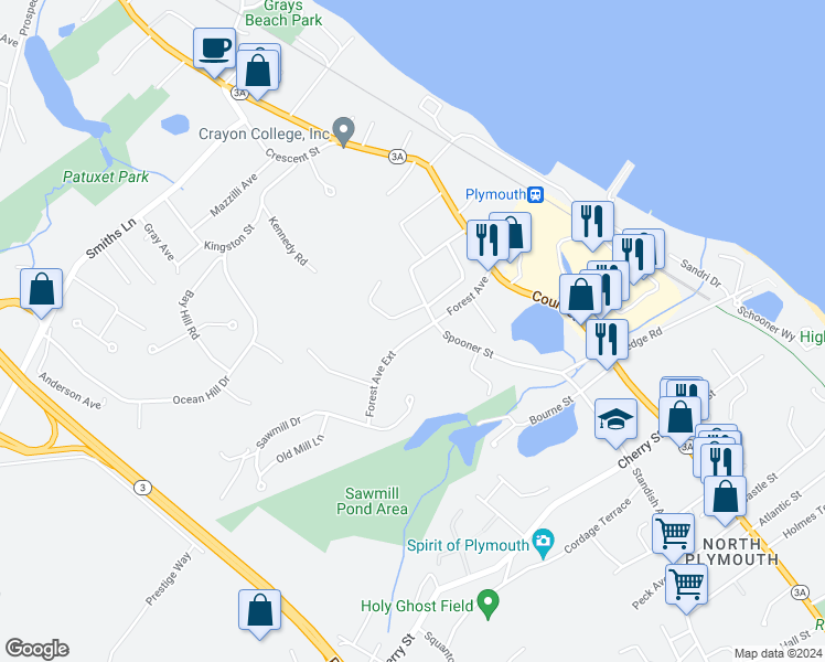 map of restaurants, bars, coffee shops, grocery stores, and more near 51 Forest Avenue Extension in Plymouth