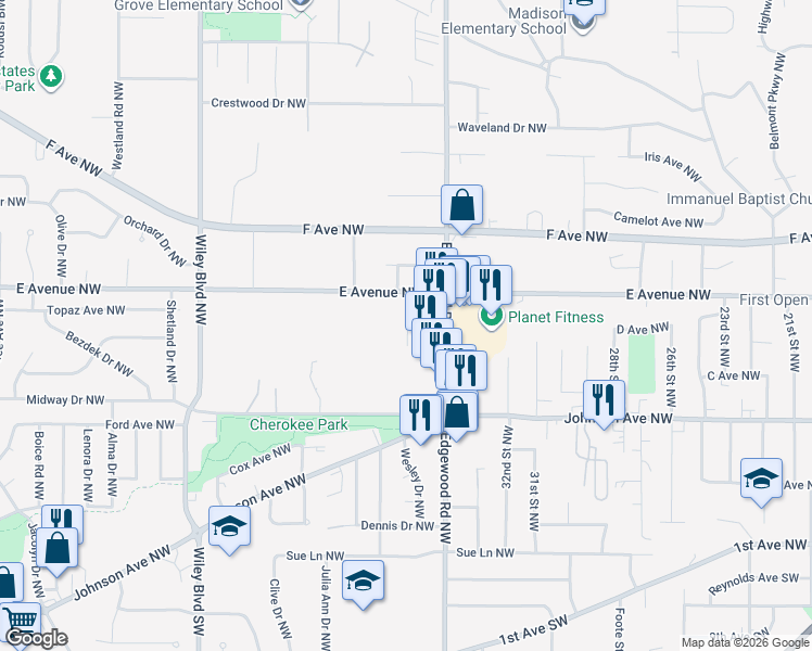 map of restaurants, bars, coffee shops, grocery stores, and more near 3513 E Avenue Northwest in Cedar Rapids