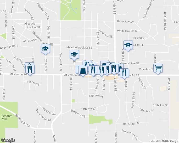 map of restaurants, bars, coffee shops, grocery stores, and more near 3028 Mount Vernon Road Southeast in Cedar Rapids
