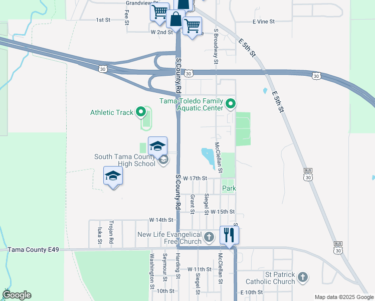 map of restaurants, bars, coffee shops, grocery stores, and more near 1712 Harding Street in Tama