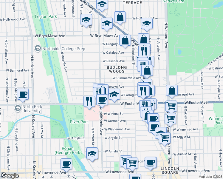 map of restaurants, bars, coffee shops, grocery stores, and more near 2723 West Berwyn Avenue in Chicago