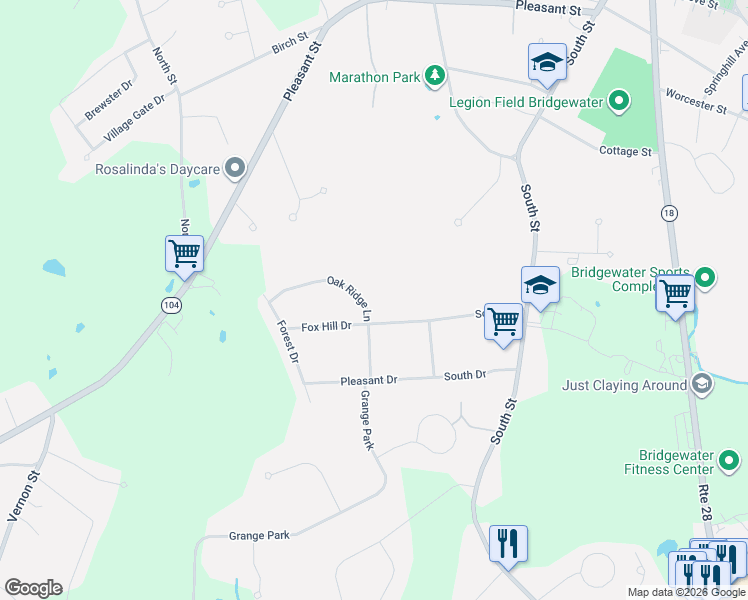 map of restaurants, bars, coffee shops, grocery stores, and more near 55 Oak Ridge Lane in Bridgewater