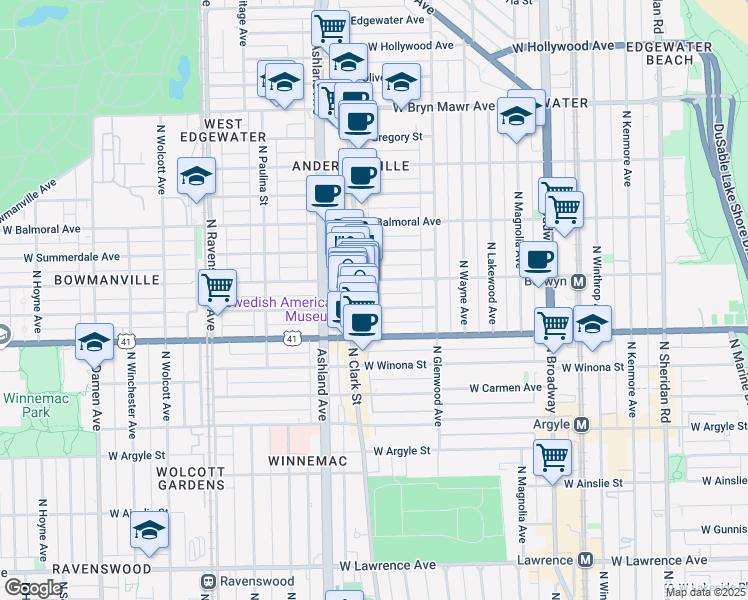 map of restaurants, bars, coffee shops, grocery stores, and more near 1470 West Farragut Avenue in Chicago