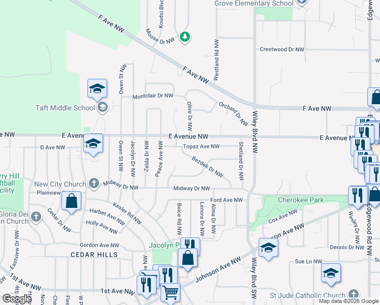 map of restaurants, bars, coffee shops, grocery stores, and more near 509 Bezdek Drive Northwest in Cedar Rapids