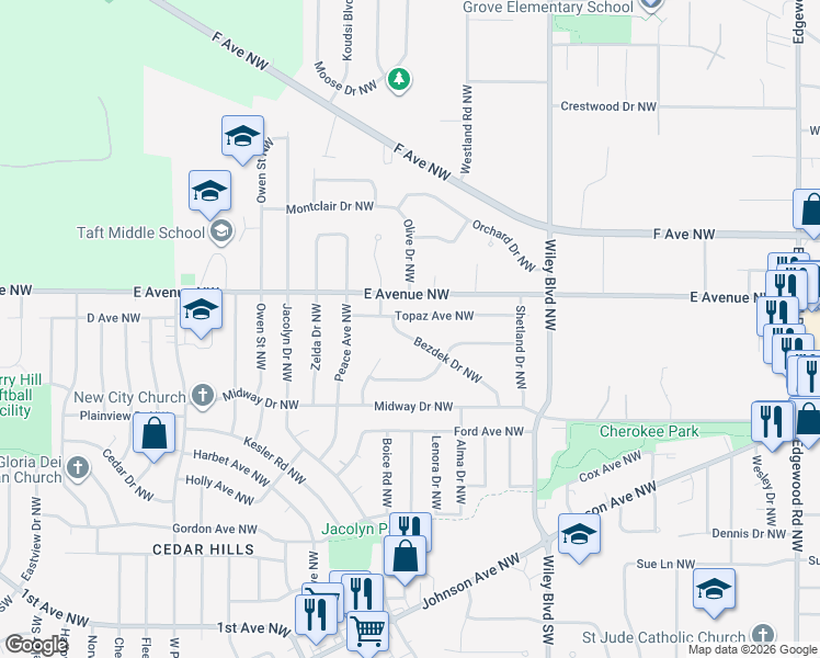 map of restaurants, bars, coffee shops, grocery stores, and more near 509 Bezdek Drive Northwest in Cedar Rapids